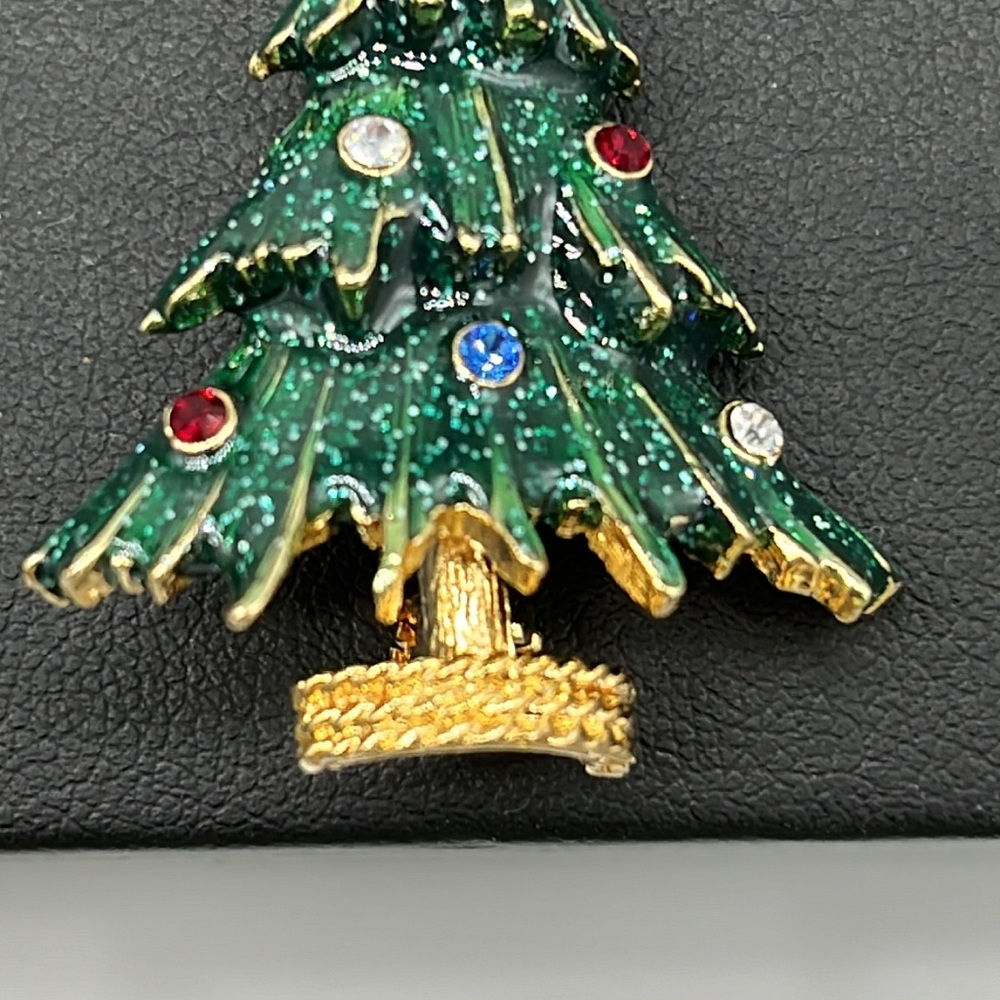Vintage Eisenberg ice rhinestone green enamel gold tone Christmas tree brooch - Picture 7 of 10